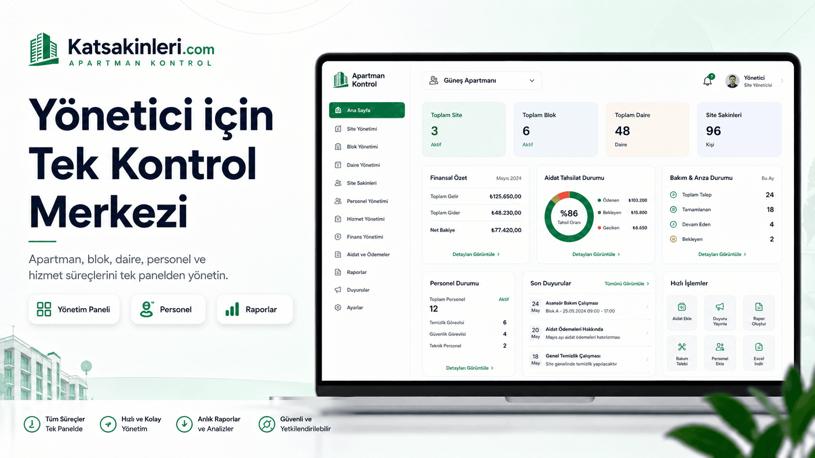 Yöneticinin apartman, servis işi ve belge süreçlerini takip ettiği Kat Sakinleri ekranı